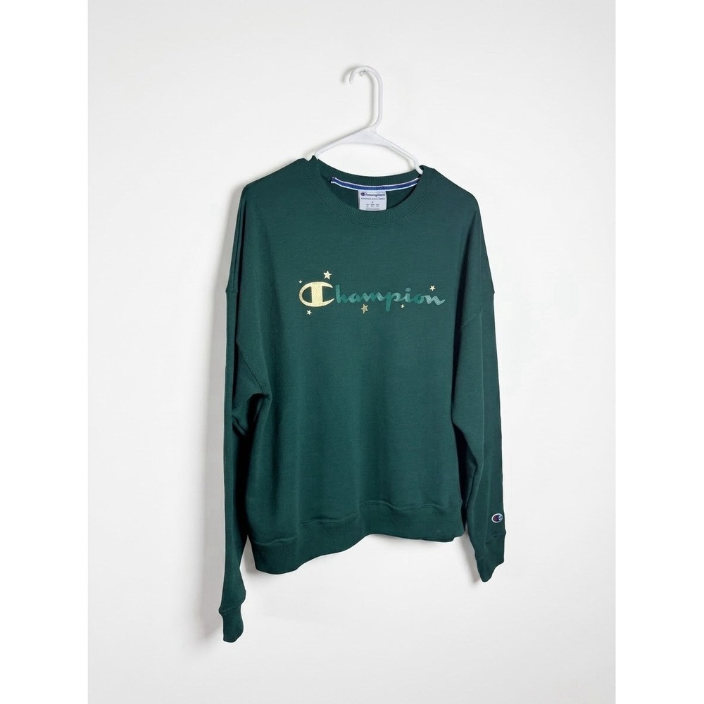 Champion Powerblend Green Crewneck Sweatshirt Gold Teal Star Spellout Graphic L